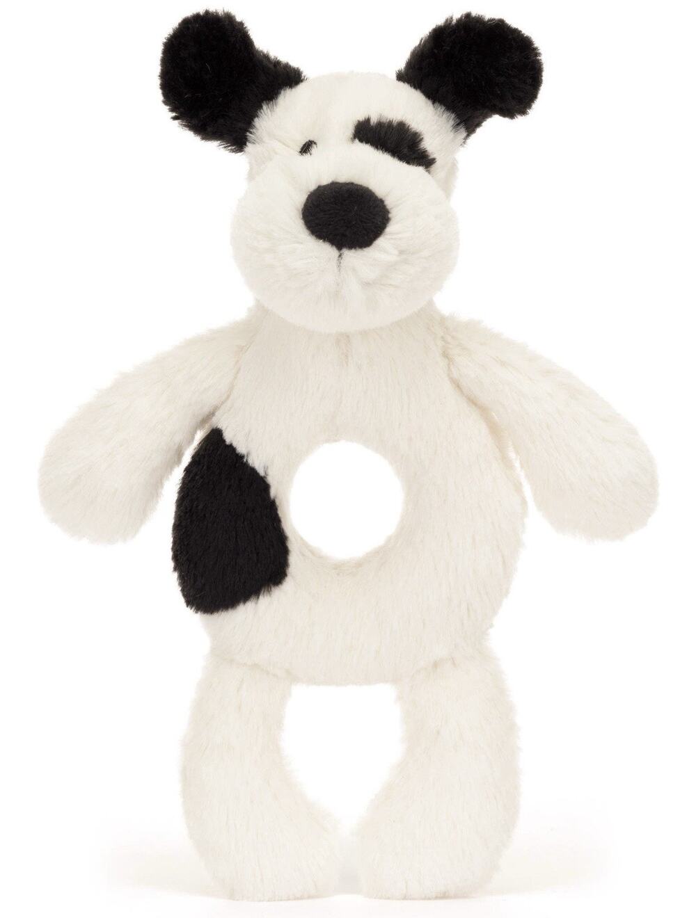 Jellycat Bashful Black And Cream Puppy Dog Plush Ring Rattle Lovey Toy Worn